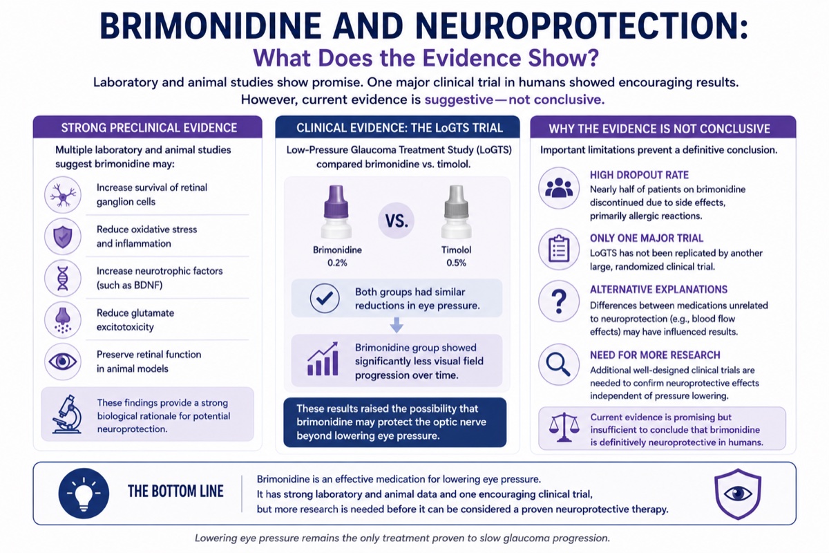 Infographic summarizing brimonidine neuroprotection evidence: strong preclinical data, the LoGTS trial showing less visual field progression versus timolol, and reasons the evidence is not yet conclusive