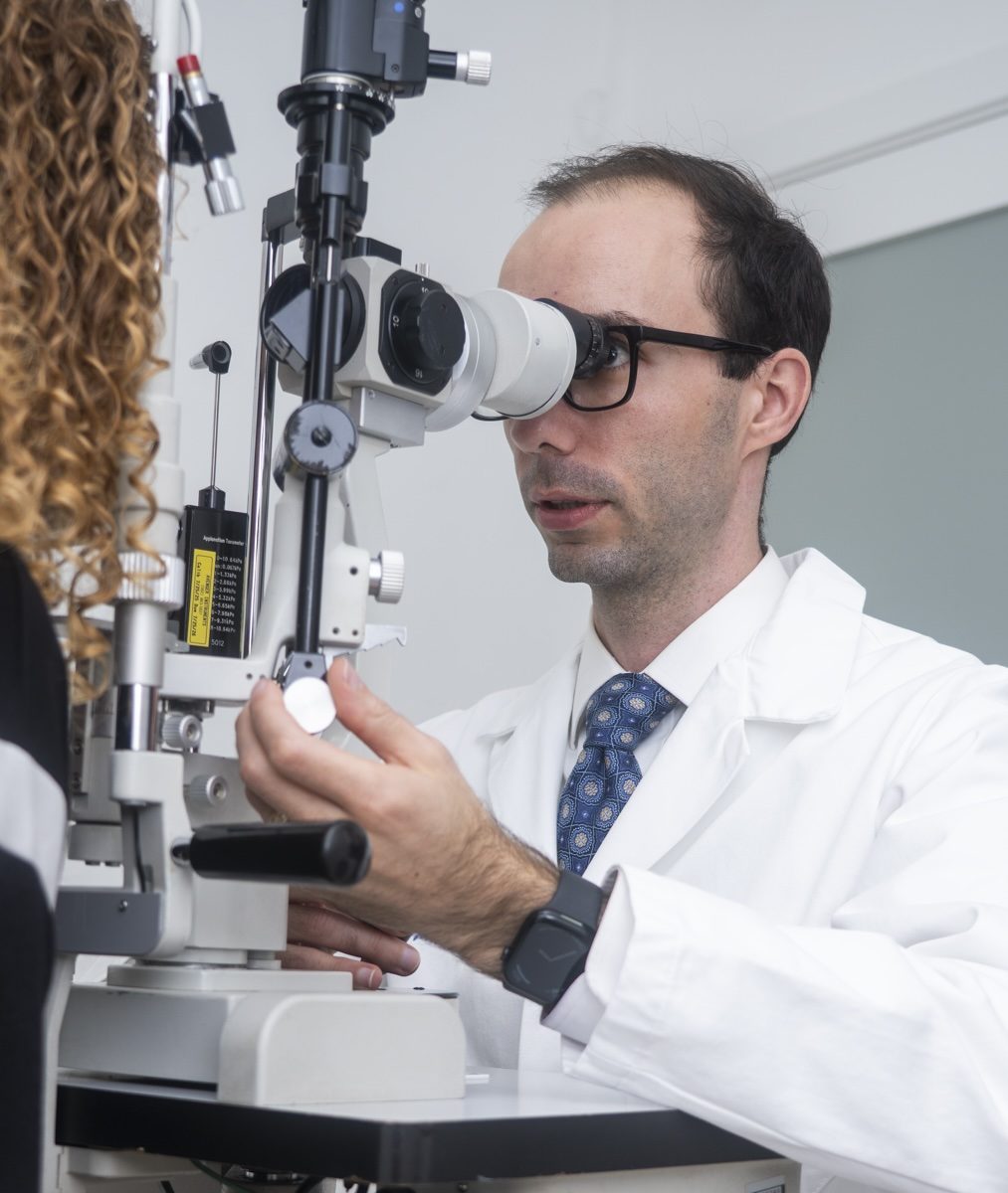 Ophthalmologist performing a slit-lamp eye exam at Inland Glaucoma Center in Upland, California