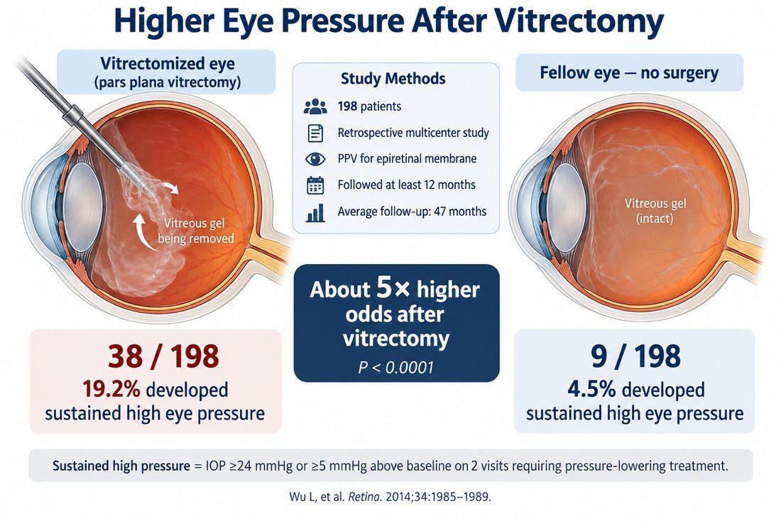 Study chart comparing sustained elevated eye pressure after pars plana vitrectomy with fellow eyes