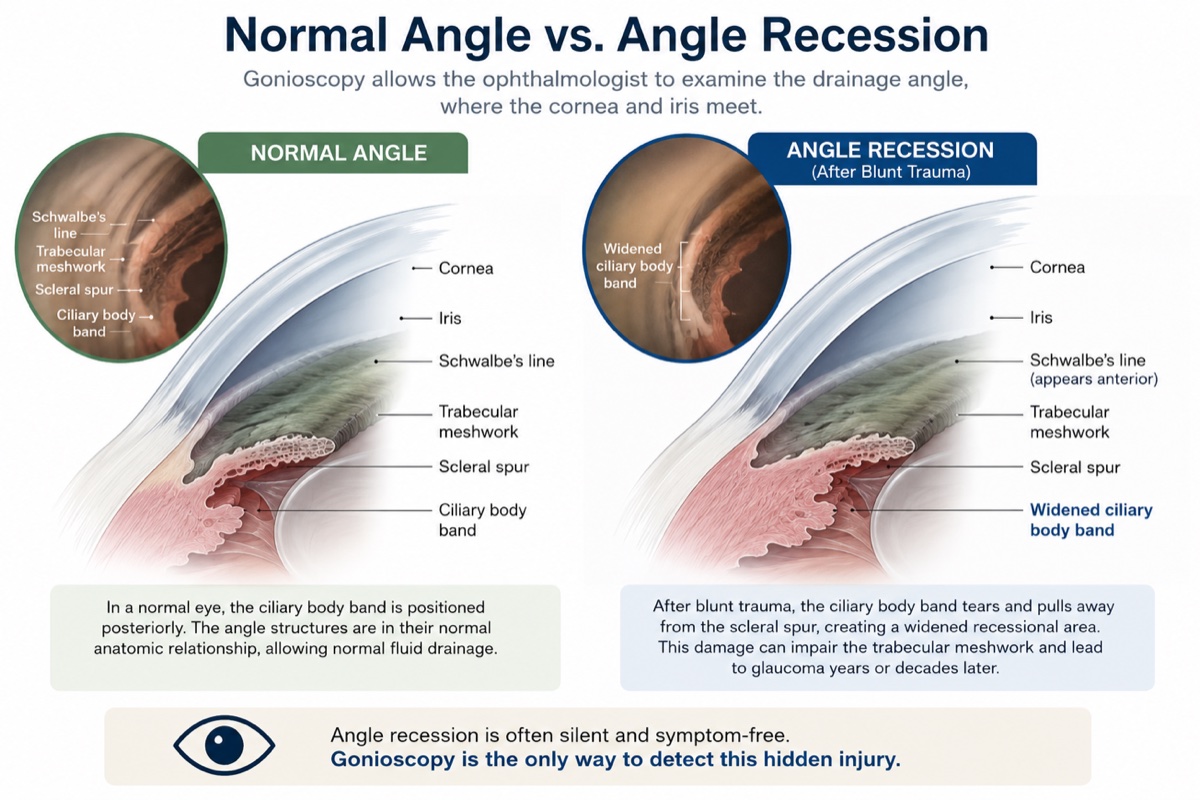 Gonioscopy comparison of a normal drainage angle and angle recession after blunt eye trauma