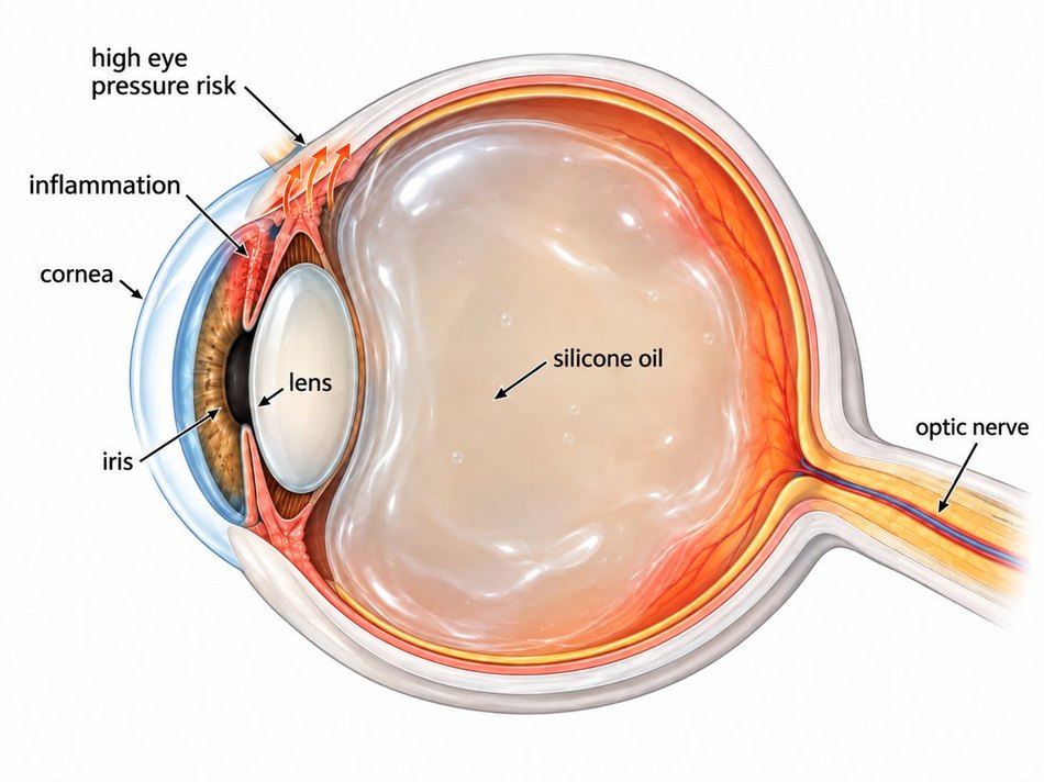 Diagram of an eye filled with silicone oil after vitrectomy, with callouts for inflammation and raised eye pressure as causes of elevated pressure after retina surgery