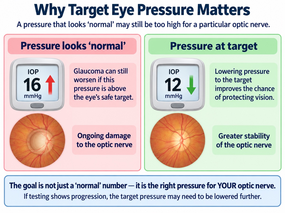 Comparison of an eye pressure reading that looks normal against a pressure lowered to an individualized target, and the effect on the optic nerve